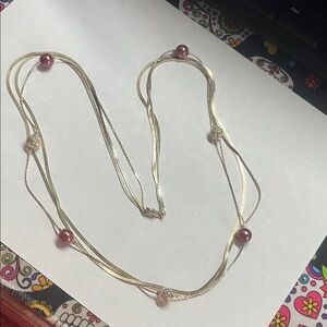 Elegant Gold-Tone Multi-Strand Necklace with Burgundy Beads